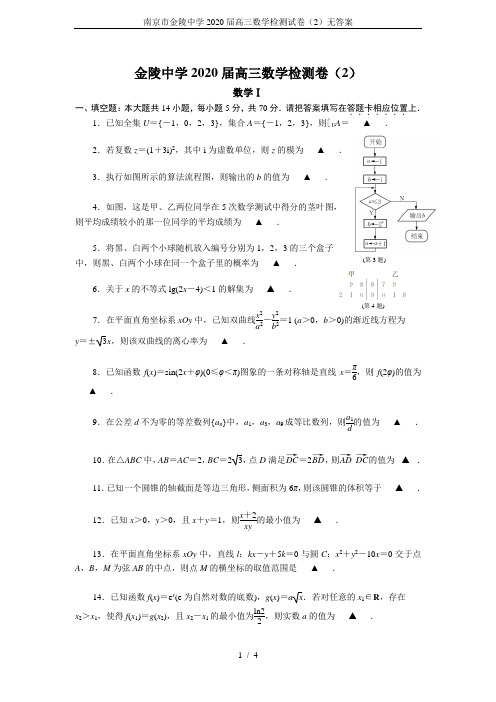南京市金陵中学2020届高三数学检测试卷(2)无答案
