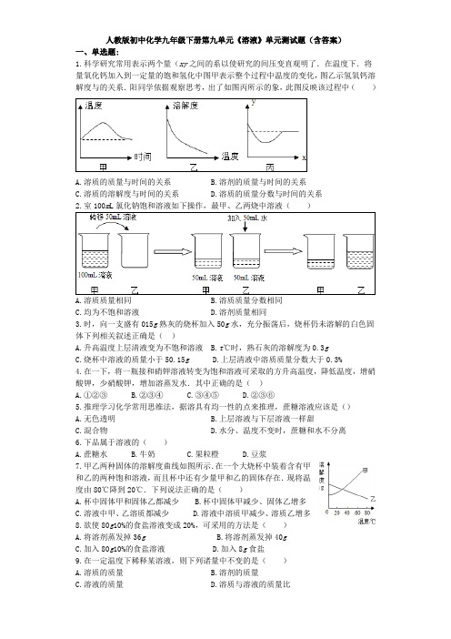 人教版九年级化学下册初中化学下册第九单元《溶液》单元测试题(含答案)