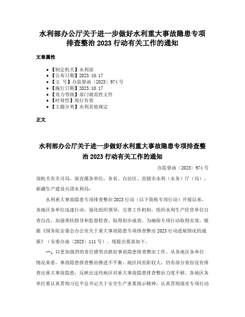 水利部办公厅关于进一步做好水利重大事故隐患专项排查整治2023行动有关工作的通知