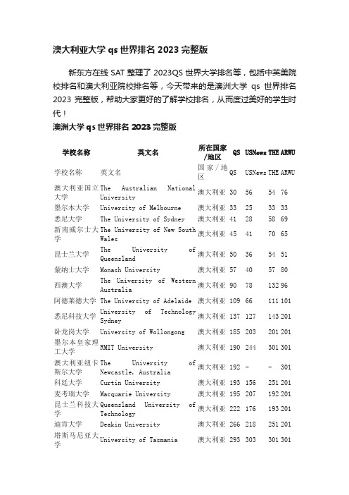 澳大利亚大学qs世界排名2023完整版