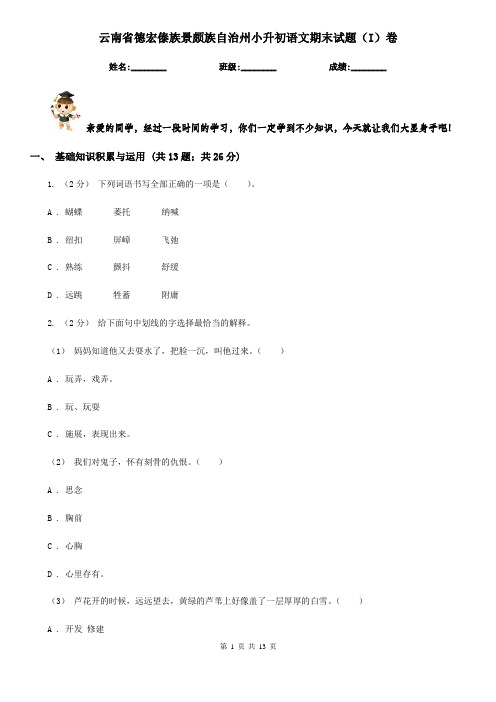 云南省德宏傣族景颇族自治州小升初语文期末试题(I)卷