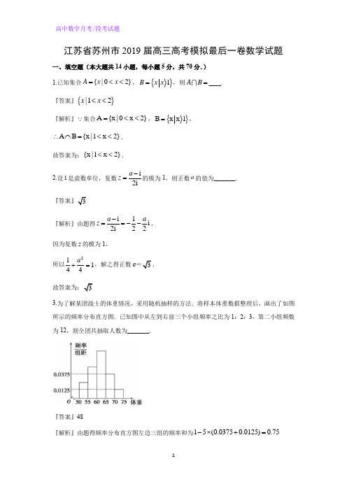 江苏省苏州市2019届高三高考模拟最后一卷数学试题(解析版)