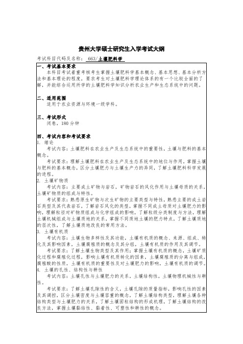 贵州大学2019年研究生考试大纲663 土壤肥料学