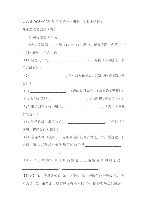 陕西省渭南市大荔县2023-2024学年九年级上学期期末语文试题(解析版)