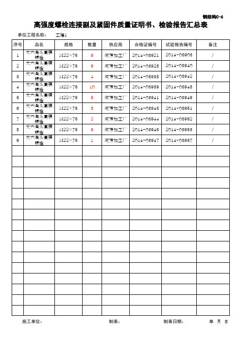 (上海市新版)高强度螺栓连接副及紧固件质量证明书、检验报告汇总表