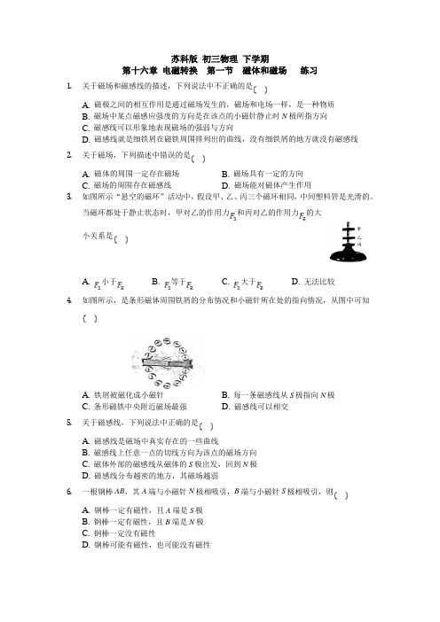 苏科版 初三物理 下学期 第十六章 电磁转换  第一节  磁体和磁场   练习