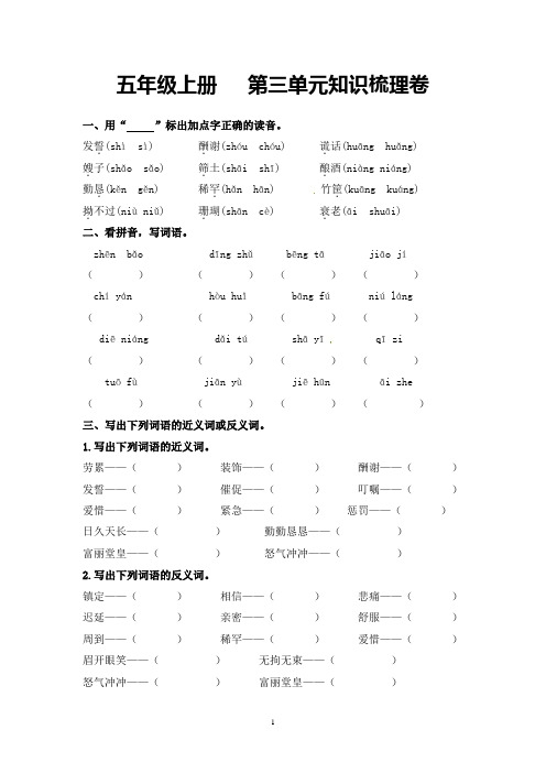 五年级语文上册 第三单元知识梳理专项训练(人教部编版,含答案)