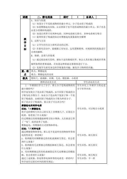 八年级物理下册教案：第七章 《二  静电现象》(其中的自我检测无答案)