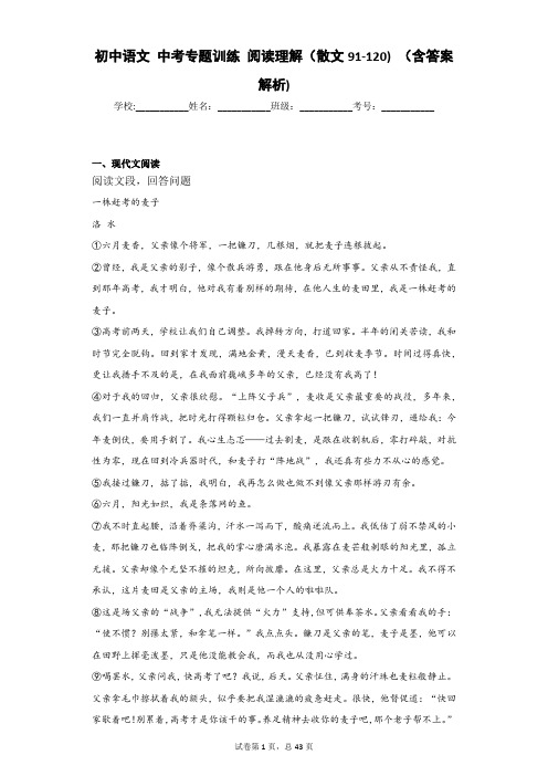 初中语文 中考专题训练 阅读理解(散文91-120) (含答案解析)