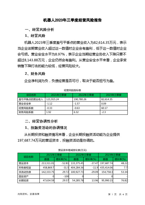 300024机器人2023年三季度经营风险报告