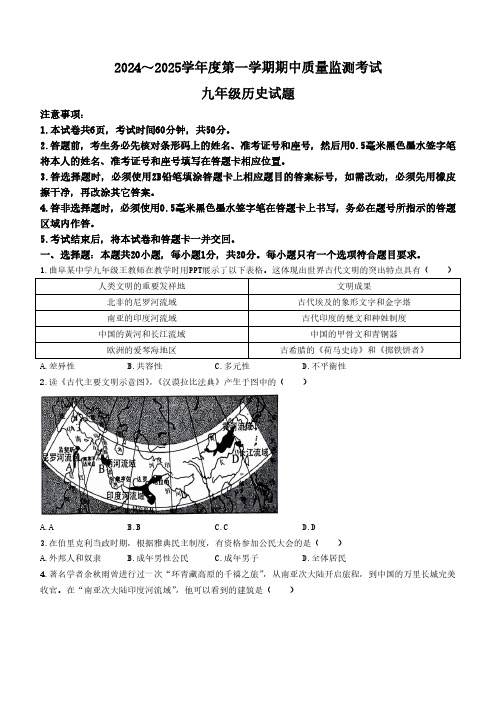 山东省济宁市曲阜市2024-2025学年九年级上学期期中历史试题(含答案)