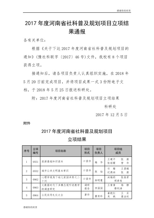 2017年度河南省社科普及规划项目立项结果通报.doc