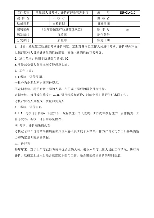 SMP-ZL-010岗位评价考核再评价管理制度