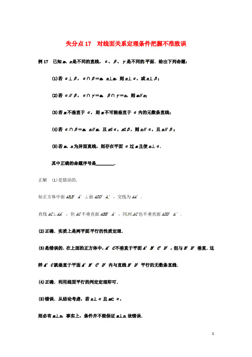 2013高考数学 易错题 失分点+补救训练 线面关系定理条件