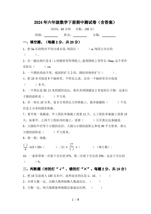 2024年六年级数学下册期中测试卷(含答案)