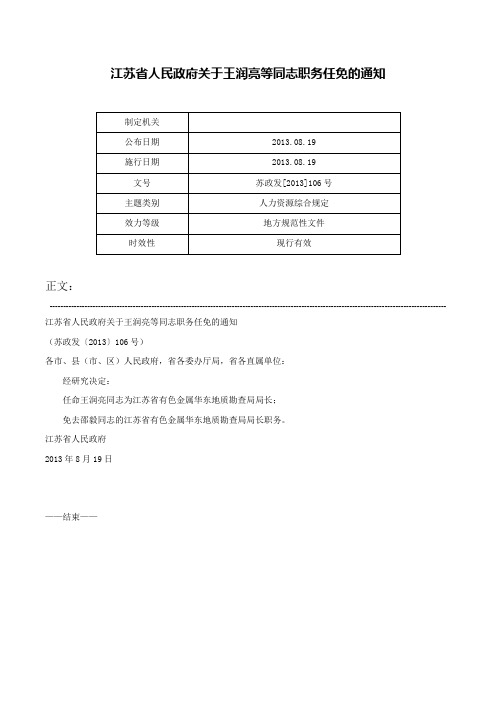 江苏省人民政府关于王润亮等同志职务任免的通知-苏政发[2013]106号