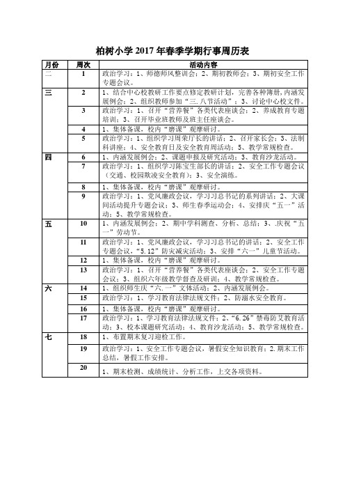 柏树小学2017年春季学期行事周历表