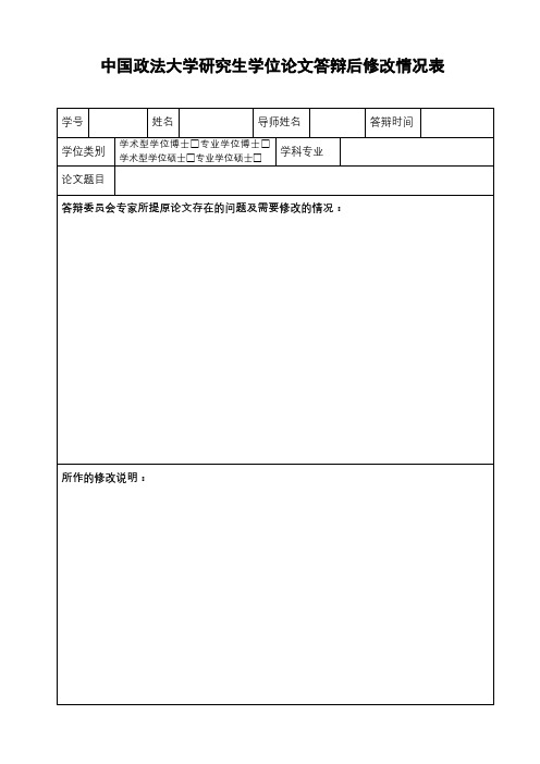 中国政法大学研究生学位论文答辩后修改情况表【模板】