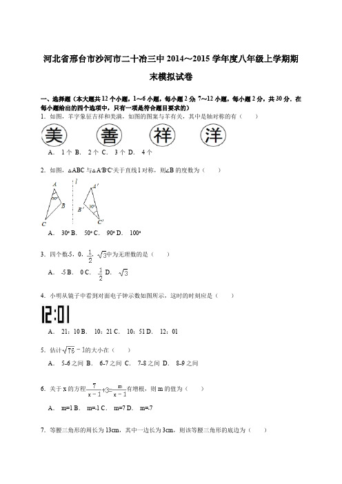 【解析版】沙河市二十冶三中2014～2015年八年级上期末模拟试卷