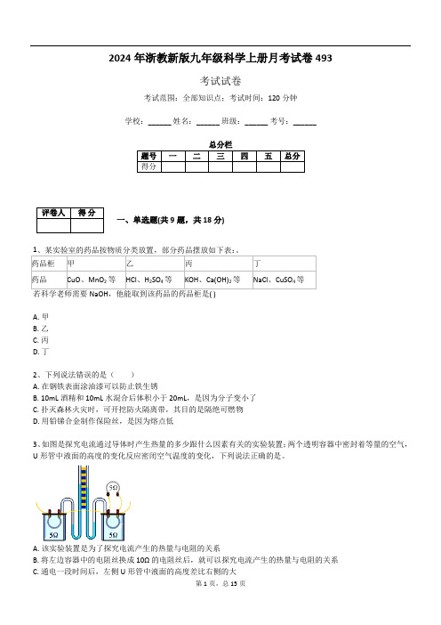 2024年浙教新版九年级科学上册月考试卷493