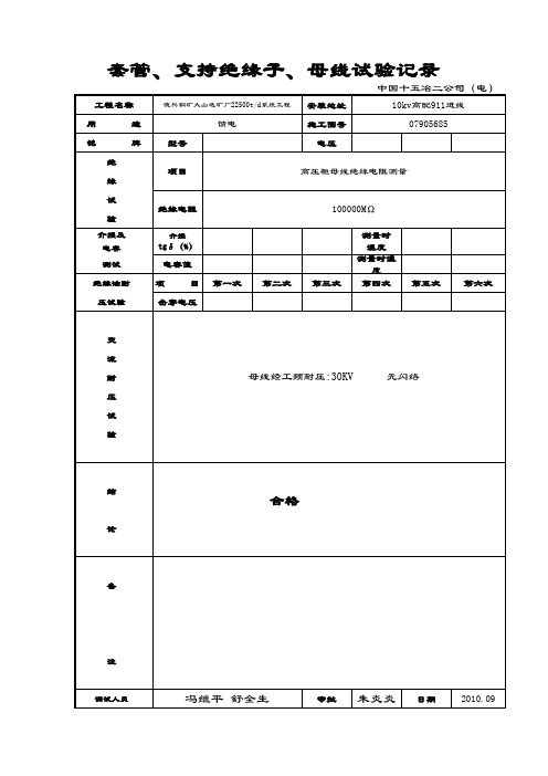 负荷开关柜母线、套管、绝缘子试验记录