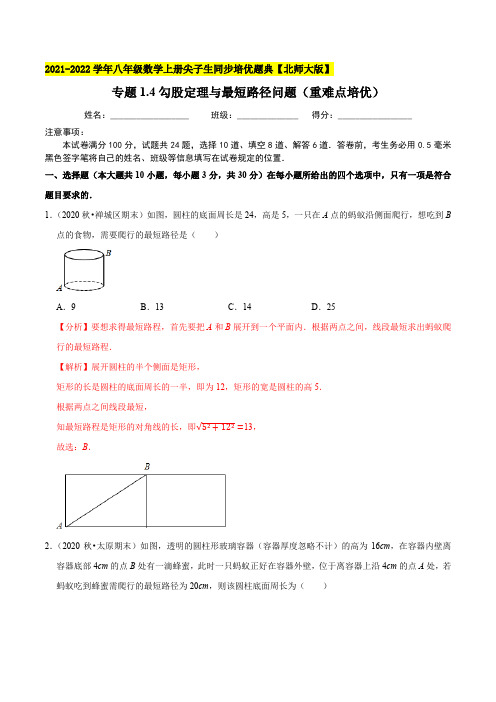 专题14勾股定理与最短路径问题-2021-2022学年八年级数学上(解析版)【北师大版】