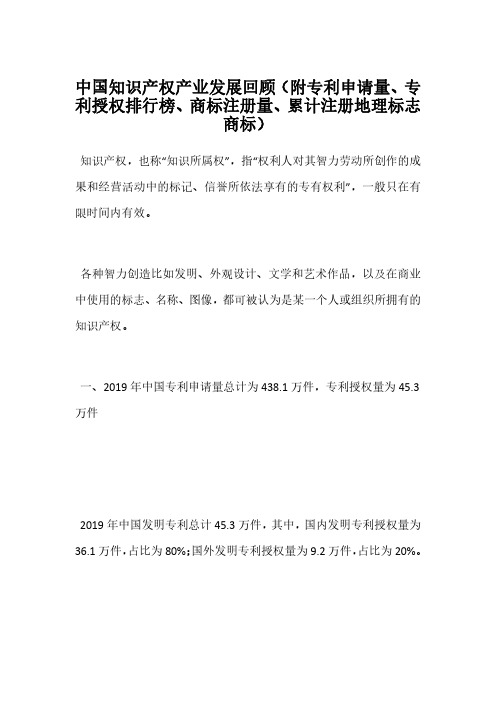 中国知识产权产业发展回顾(附专利申请量、专利授权排行榜、商标注册量、累计注册地理标志商标)