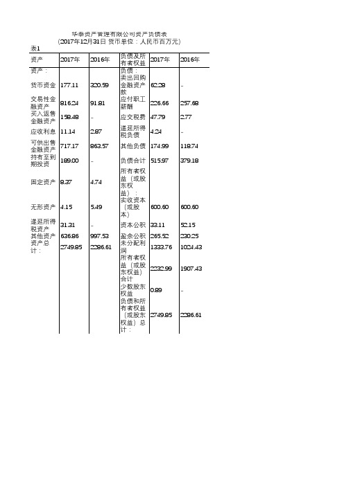 华泰资产管理有限公司资产负债表(2017)