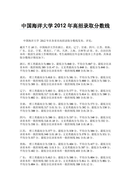 中国海洋大学2012年高招录取分数线