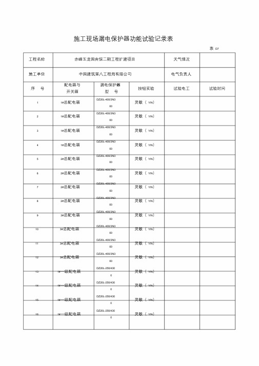 施工现场漏电保护器功能试验记录表