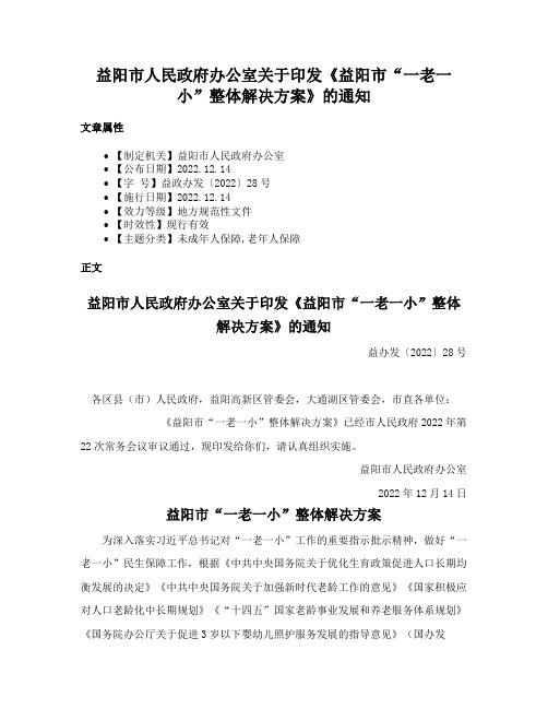 益阳市人民政府办公室关于印发《益阳市“一老一小”整体解决方案》的通知