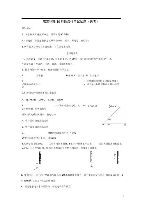 浙江省绍兴市高三物理月适应性考试试题(选考)