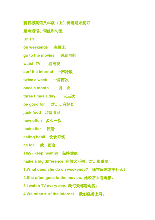 新目标英语八年级(上)英语期末复习重点短语、词组和句型(unit1-unit12)