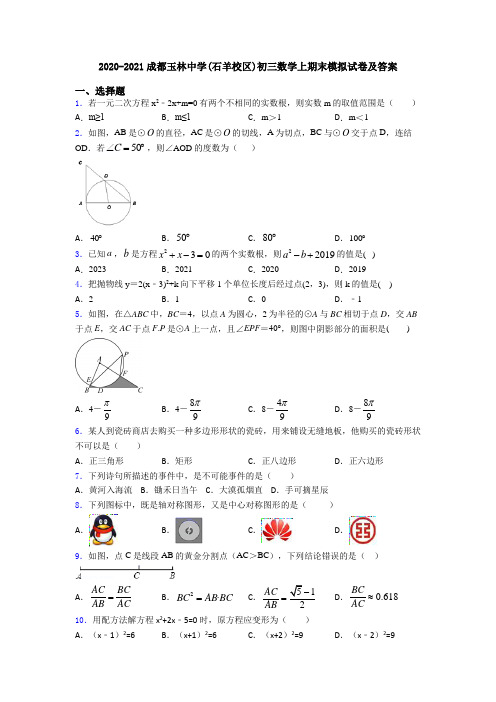 2020-2021成都玉林中学(石羊校区)初三数学上期末模拟试卷及答案