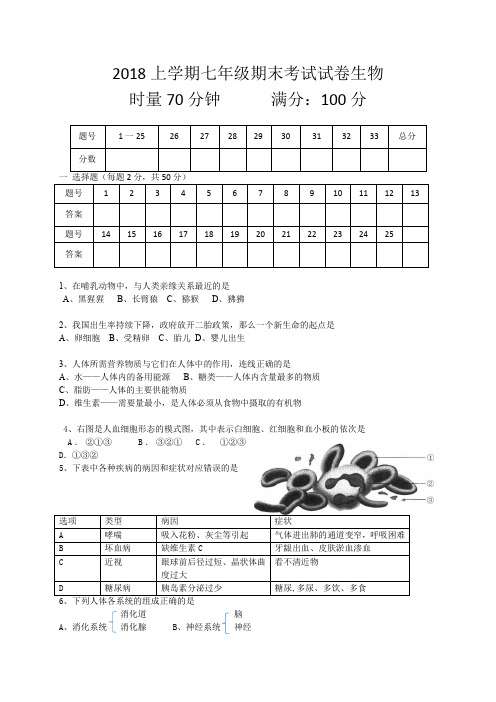 2018上学期七年级期末考试试卷生物