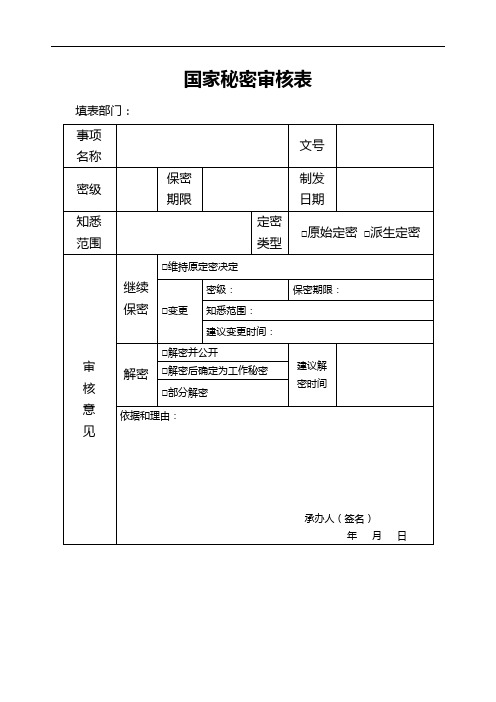 国家秘密解密暂行办法-国家秘密审核表