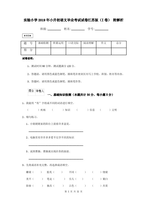 实验小学2019年小升初语文毕业考试试卷江苏版(I卷) 附解析