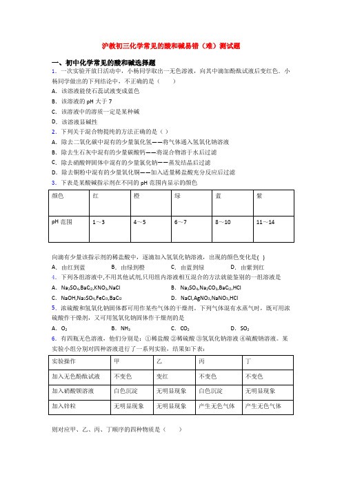 沪教初三化学常见的酸和碱易错(难)测试题