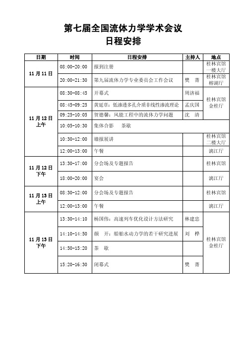 第七届全国流体力学学术会议 日程安排