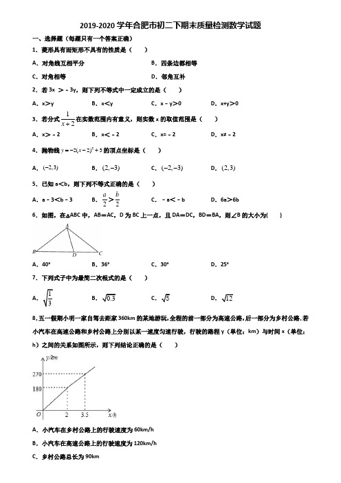 2019-2020学年合肥市初二下期末质量检测数学试题含解析