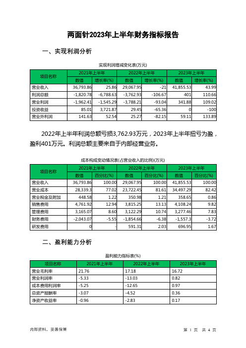 600249两面针2023年上半年财务指标报告