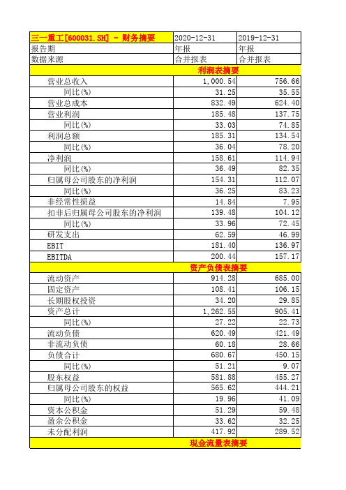 三一重工2018-2020年三大财务报表财务摘要