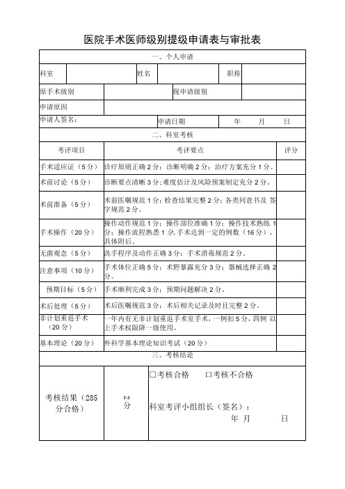 医院手术医师级别提级申请表与审批表