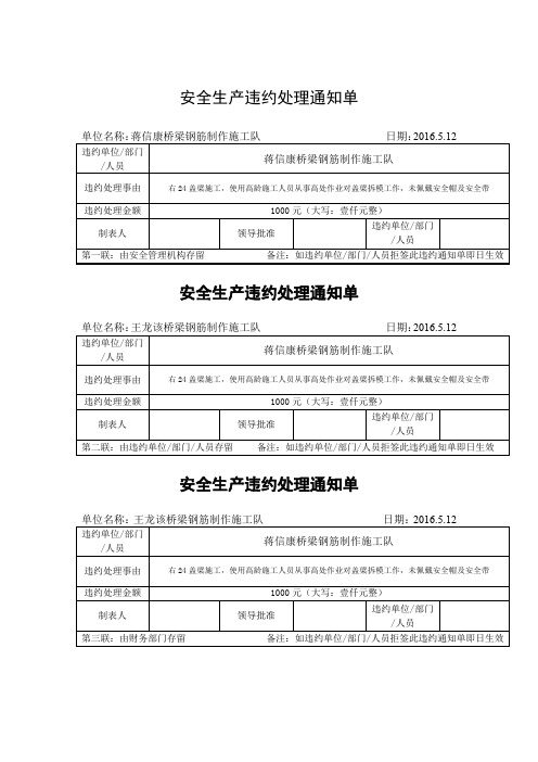 安全生产违约处理通知单