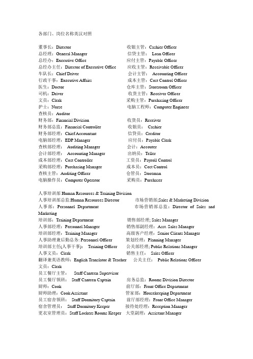 各部门、岗位名称英汉对照