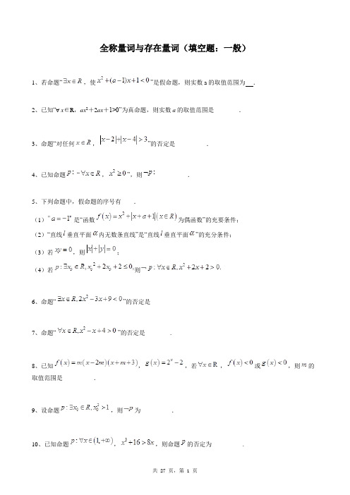 高中数学选修2-1同步练习题库：全称量词与存在量词(填空题：一般)