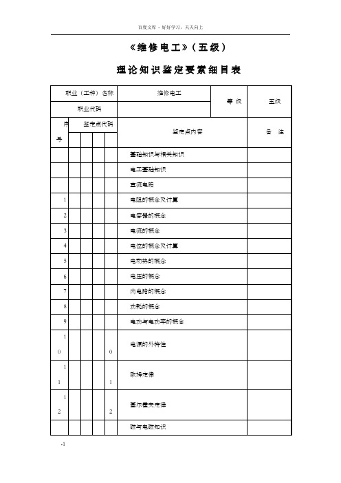 维修电工(五级)操作技术鉴定要素细目表