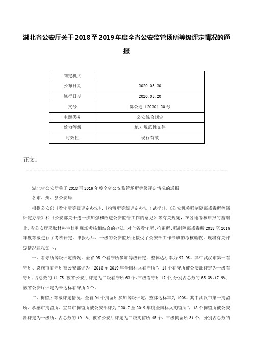 湖北省公安厅关于2018至2019年度全省公安监管场所等级评定情况的通报-鄂公通〔2020〕20号