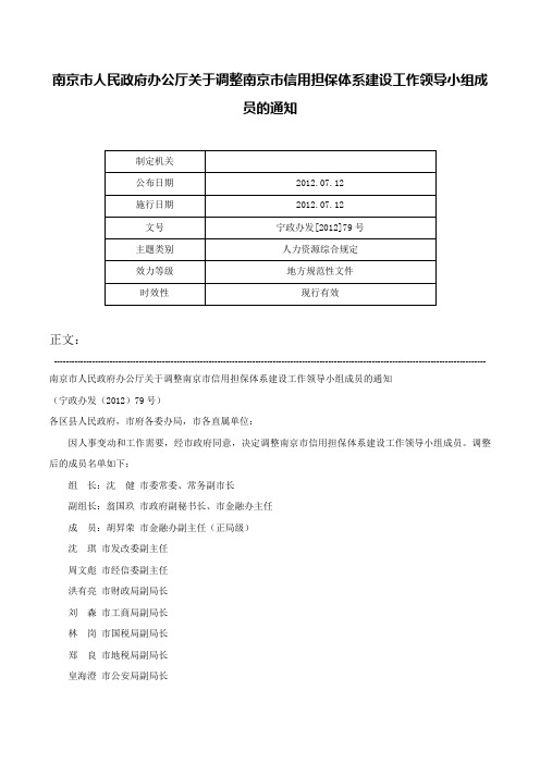 南京市人民政府办公厅关于调整南京市信用担保体系建设工作领导小组成员的通知-宁政办发[2012]79号