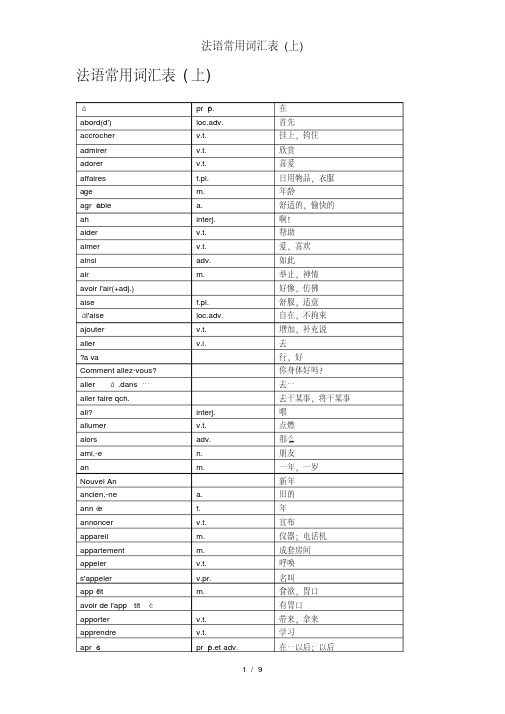 法语常用词汇表上